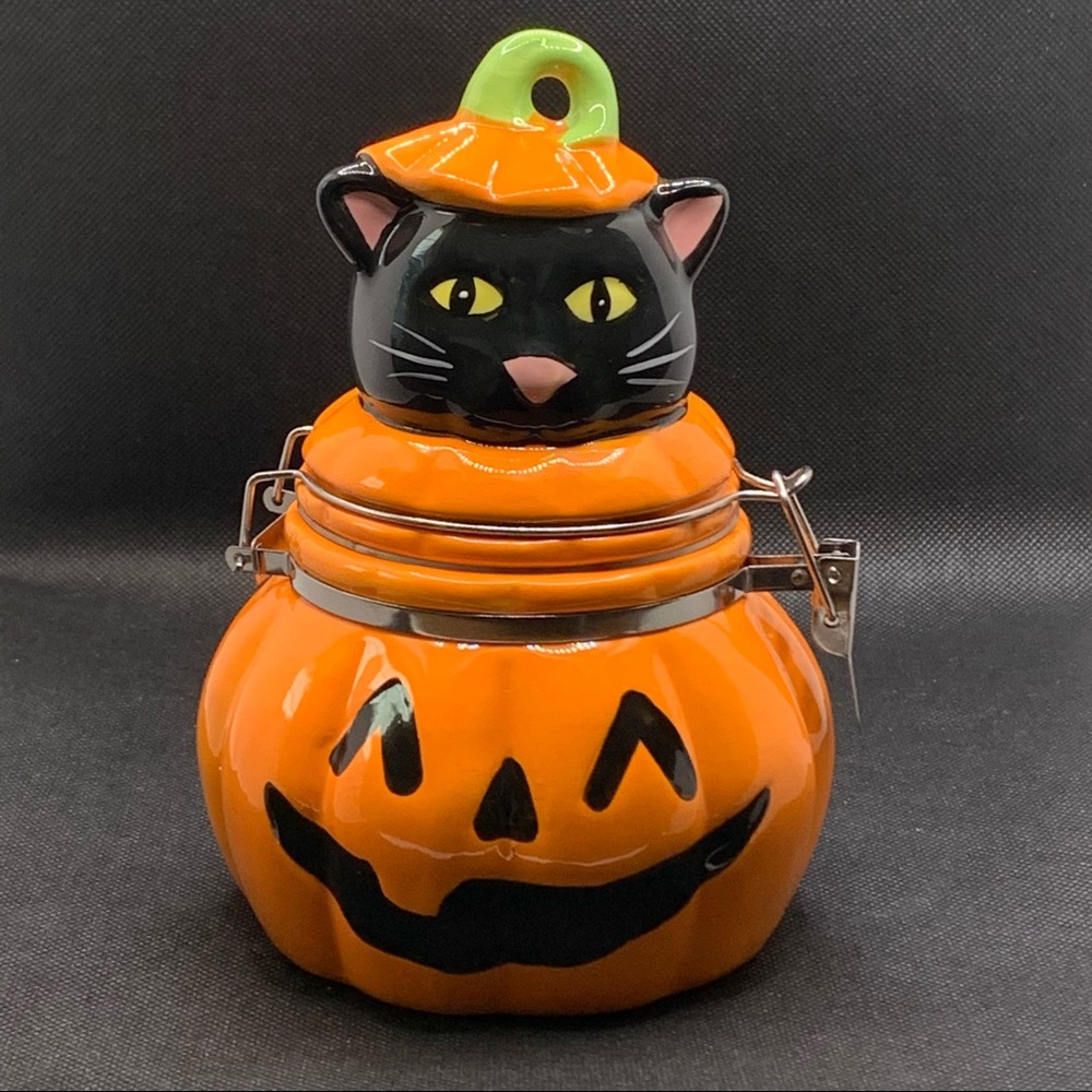 Halloween Black Cat & Pumpkin Hinged Jar